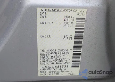 2015 Nissan Altima 2.5/2.5 S/2.5 Sl/2.5 Sv из США, поврежденный, VIN 1N4AL3APXFN885334